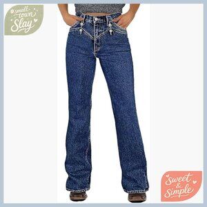 High Rise Boot Cut Jeans Vintage Button Decor Stretch Flare Denim